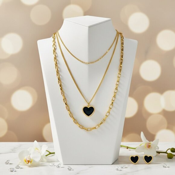 Elegant 18K Gold Plated Triple Layer Necklace & Heart Earrings Trendy Set ✨ - Picture 1 of 13